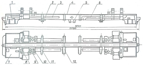 Motorized dumpcar underframe [22]: 1 – coupling housing; 2 – central support pivot; 3 – electrical wiring channel; 4 – center sill; 5 – hand brake bracket; 6 – air duct for traction motors; 7 – machinery compartment area; 8, 9 – tilting cylinder brackets; 10 – sidewall opening mechanism bracket;  11, 12 – upper frame (underbody) support brackets