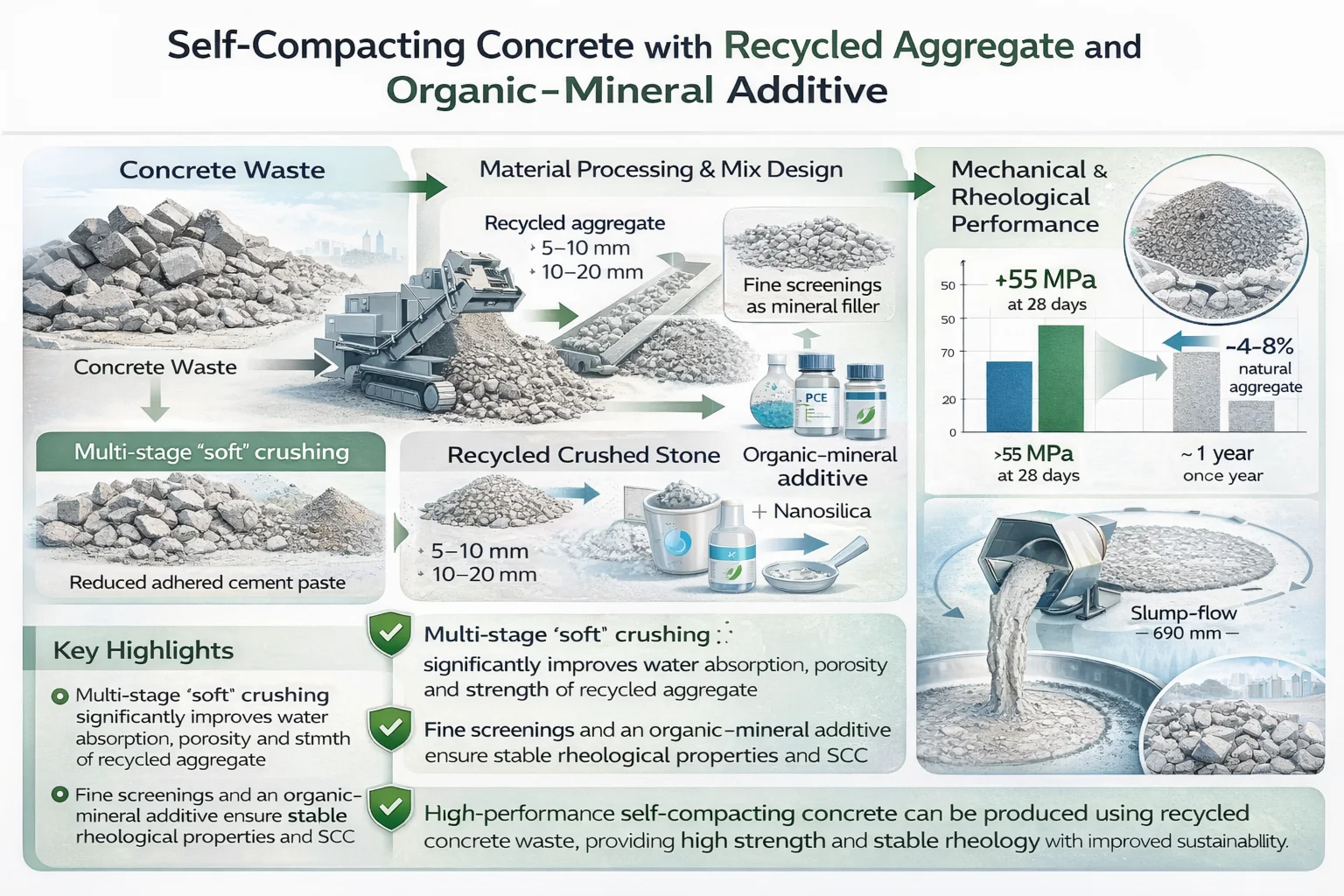 Self-compacting concrete based on recycled crushed stone and organic-mineral additive