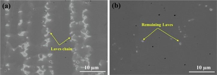 SEM micrograph of WAAM-IN718: a) as-built/AB, and b) solution treated/ST conditions [105]