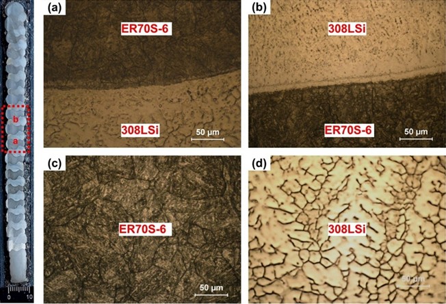 Microstructure of the bimetallic structure: a) 308LSi-ER70S-6 interface, b) ER70S-6-308LSi interface, c) ER70S-6 side near the interface, and d) 308LSi side near the interface [95]