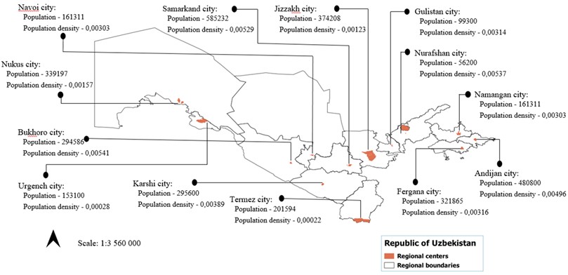 Population and density of regional capital cities and the capital of the Republic of Karakalpakstan