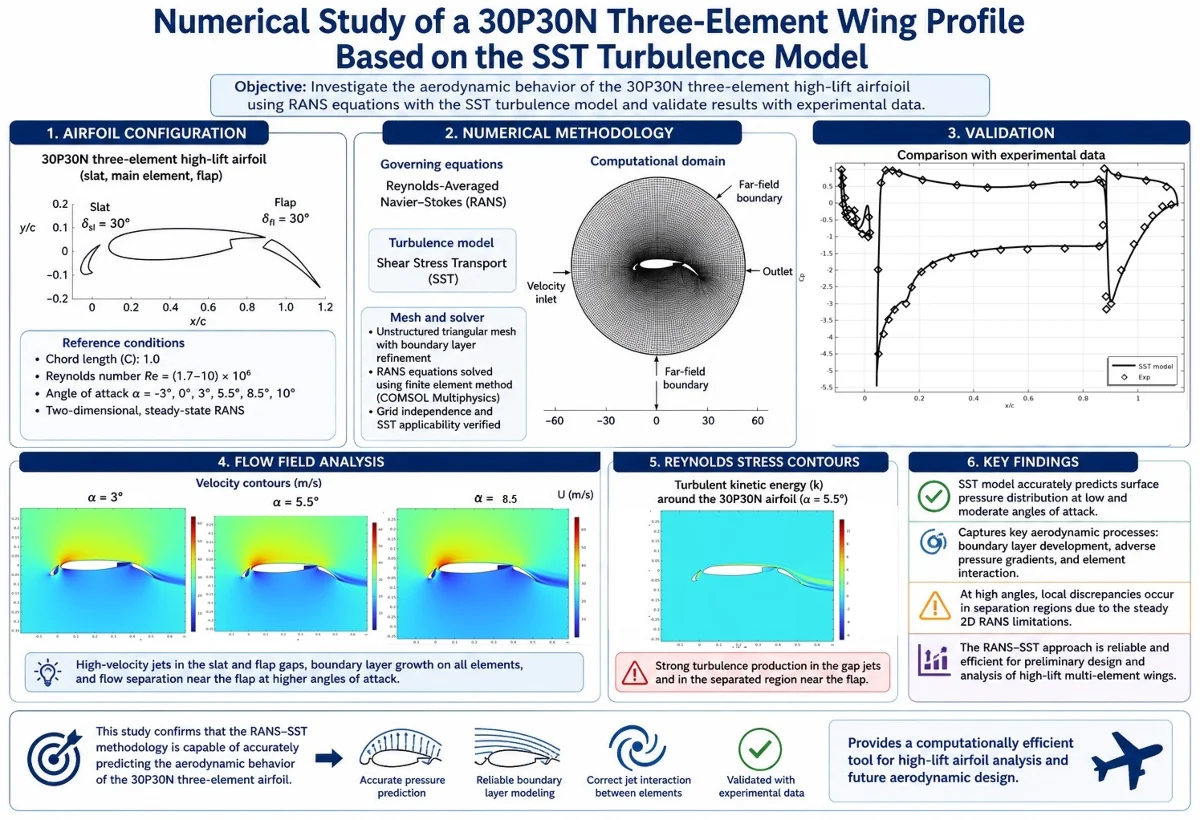 Aerodynamic performance of a 30P30N three-element airfoil using the RANS-SST turbulence model