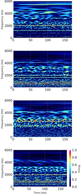 Visualization of signal processing results for different health states. The rows correspond to Normal, Ball Fault, Inner Race Fault, and Outer Race Fault conditions. Columns display: a) Time-domain vibration signals; b) MSWT time-frequency maps from Drive End (DE) sensor; c) MSWT time-frequency maps from Fan End (FE) sensor. The MSWT maps reveal distinct texture patterns and frequency energy distributions for each fault type, whereas time-domain signals are less discriminative