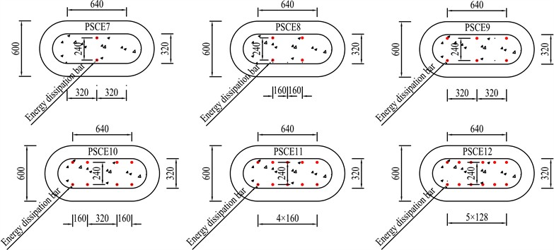 Arrangement of energy dissipation bars of varying quantities (unit: mm)
