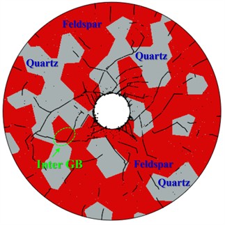 Crack distribution and mineral distribution in polycrystalline model: a) crack distribution in the polycrystalline model during blast wave propagation; b) mineral distribution in the polycrystalline fracture model