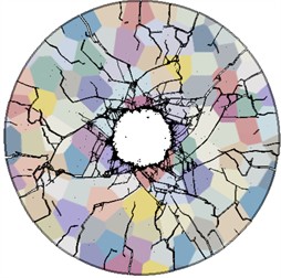Crack distribution under different grain boundary strengths: a) crack distribution with grain boundary strength tn= 30 MPa, ts= 60 MPa, tt= 60 MPa; b) crack distribution with grain boundary strength tn= 25 MPa, ts= 55, tt= 55; c) crack distribution with grain boundary strength tn= 20 MPa, ts= 40 MPa, tt= 40 MPa