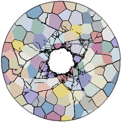 Crack distribution under different grain boundary strengths: a) crack distribution with grain boundary strength tn= 30 MPa, ts= 60 MPa, tt= 60 MPa; b) crack distribution with grain boundary strength tn= 25 MPa, ts= 55, tt= 55; c) crack distribution with grain boundary strength tn= 20 MPa, ts= 40 MPa, tt= 40 MPa