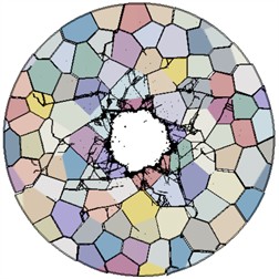 Crack distribution under different grain boundary strengths: a) crack distribution with grain boundary strength tn= 30 MPa, ts= 60 MPa, tt= 60 MPa; b) crack distribution with grain boundary strength tn= 25 MPa, ts= 55, tt= 55; c) crack distribution with grain boundary strength tn= 20 MPa, ts= 40 MPa, tt= 40 MPa