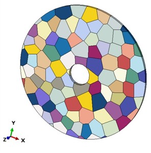 Polycrystalline model and mesh division of cylindrical granite specimen: a) polycrystalline model of cylindrical granite specimen; b) mesh division of blasted granite specimen model