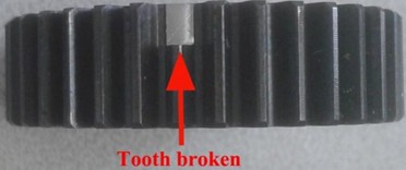 One tooth breakage of fixed-axle gear.  Photo by authors at Tiangong University, Tianjin, China, 2024
