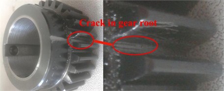 Fixed-axle gear crack on root of tooth. Photographed at Tiangong University, Tianjin, China, 2024