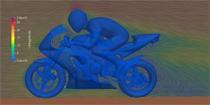 Velocity isolines [m/s] and streamlines in the central plane of geometry