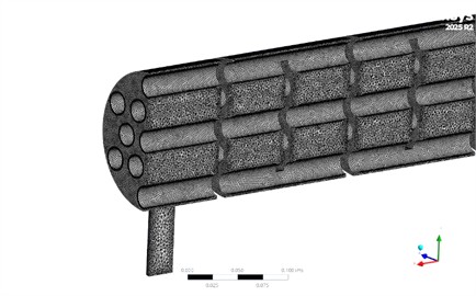 STHX grid system with inclined foam baffles and double-cut baffles