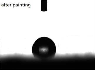 Contact angle of the surface of inorganic artificial stone.  Photo by Xiaopeng Wu in Guangzhou, 2024