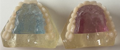 Polymerized resins, in blue before treatment and in lilac, after treatment