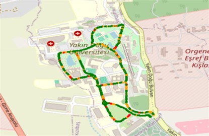 Interactive map to visualize the distribution in space of RI values  for every section on campus. Data points were color-coded by the RI classification