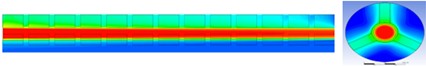 Temperature distribution contours along the heat exchanger and the outlet section