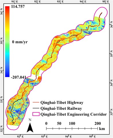Sentinel-1 line-of-sight deformation along the QTEC: a), b) ascending- and descending-orbit spatial distributions, respectively, and c), d) corresponding histograms