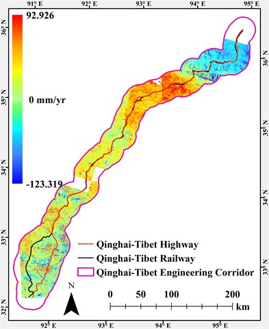 Sentinel-1-derived east-west and vertical surface deformation rates: a), b) spatial distributions, respectively, and c), d) corresponding histograms