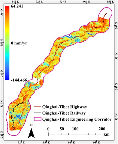 Sentinel-1-derived east-west and vertical surface deformation rates: a), b) spatial distributions, respectively, and c), d) corresponding histograms