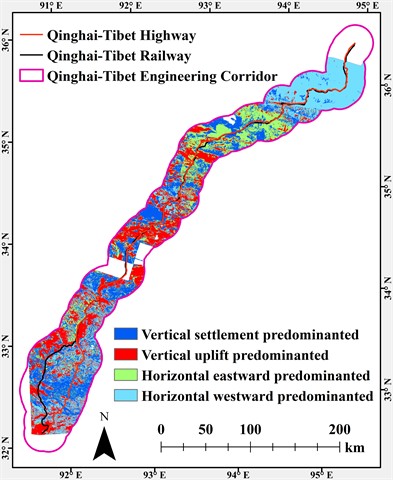 Surface deformation along engineering corridors: a) deformation types; b) applicability of individual ascending- and descending-orbit line-of-sight measurements; and c) spatial distribution and statistical characteristics of the deformation types