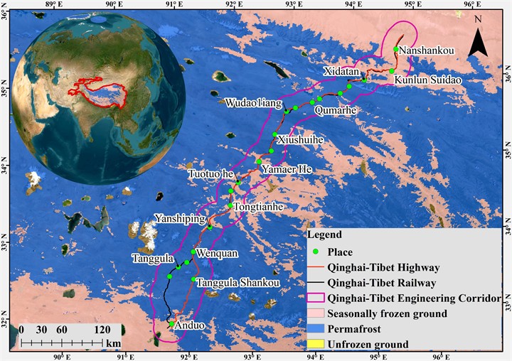 Geographical location and permafrost distribution in the Qinghai-Tibet Engineering Corridor