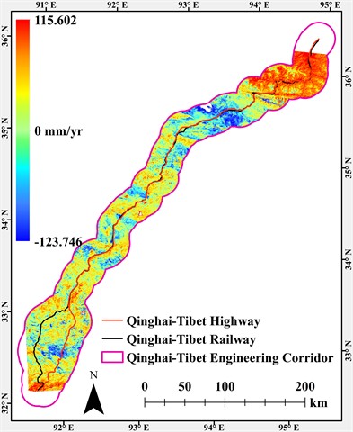 Sentinel-1 line-of-sight deformation along the QTEC: a), b) ascending- and descending-orbit spatial distributions, respectively, and c), d) corresponding histograms