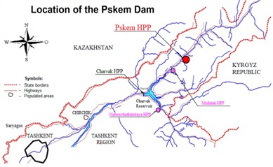 Geographic location of the Pskem Dam in the Tashkent administrative area