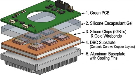 Internal architecture and material layering of the 150kW IGBT power electronic module analyzed in this study