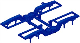 Calculation and finite element models of the modernised bogie frame showing geometry, mesh discretisation and boundary condition application
