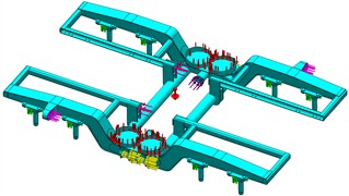 Calculation model, applied boundary conditions and control zones used for evaluation  of equivalent stresses in the bogie frame: 1 – central frame transition zone; 2 – longitudinal stop-cross beam joint; 3 – support bracket-cross beam joint; 4 – cross-longitudinal beam joint; 5 – drawbar bracket-longitudinal beam joint; 6 – lower plate transition to spindles; 7 – vibration damper  bracket-longitudinal beam joint; 8 – spindle-lower longitudinal beam joint