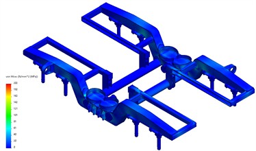 Equivalent stress, displacement and stability distribution results  for design mode I of the bogie frame