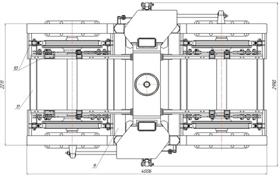 General view of the 68-921 bolsterless bogie: 1 – bogie frame; 2 – crossbeam; 3 – lead;  4 – wheel sets; 5 – axle boxes; 6 – hydraulic vibration damper; 7 – axle suspension springs; 8 – central suspension springs; 9 – frame cross beams; 10 – brake brackets; 11 – crossbar with brake elements