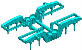 Calculation and finite element models of the modernised bogie frame showing geometry, mesh discretisation and boundary condition application