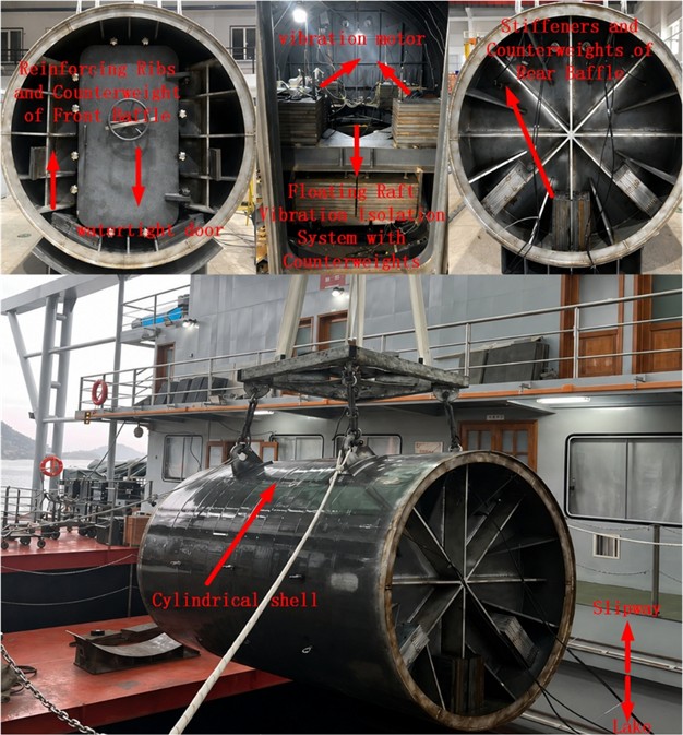 Annotated photographs of the cylindrical pressure-cabin model and the internal FRI system, indicating the cylindrical shell, stiffening ribs/end plate, raft-mounted vibration motors, rubber isolators, and the location of the FRI subsystem. Photos by the authors at the Xin’anjiang Reservoir  test site, Qiandao Lake, Zhejiang, China, in May 2024