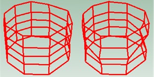 Mode shape of the first breathing mode at 128.3 Hz and shape  of the second ovaling mode at 145.5 Hz