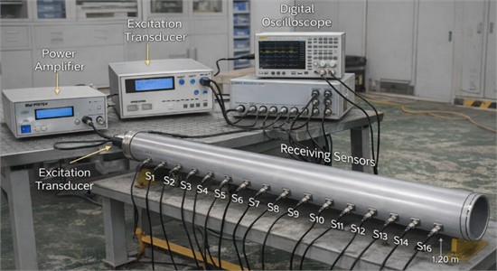 Guided-wave measurement setup and layout of the actuator and receiving sensors
