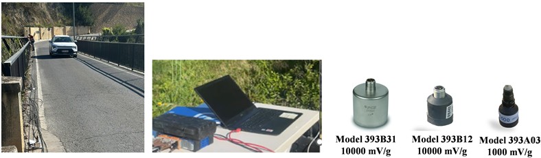 a) The two setups; b) power spectral density diagram; c) ambient vibration test and equipment.  Photo by Elisa Montis, Alicante, Spain, Apr 4, 2025