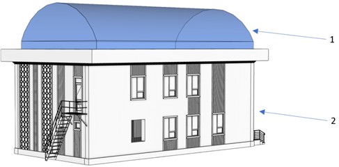 General scheme of arrangement of the greenhouse located on the roof of the building: 1 – rooftop greenhouse; 2 – building