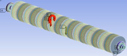 Finite element model of saw cylinder with asymmetric elastic bearing support in ANSYS Mechanical 2023: a) overall assembly with mesh refinement at bearing contact zones; b) detail of elastic element deformation under rated load (FA= 6.5 kN, FB= 8.7 kN), showing calculated displacement distribution; c) first mode shape (f1= 42.3 Hz) validating experimental vibration measurements. Model validation against laser displacement measurements showed R2= 0.94