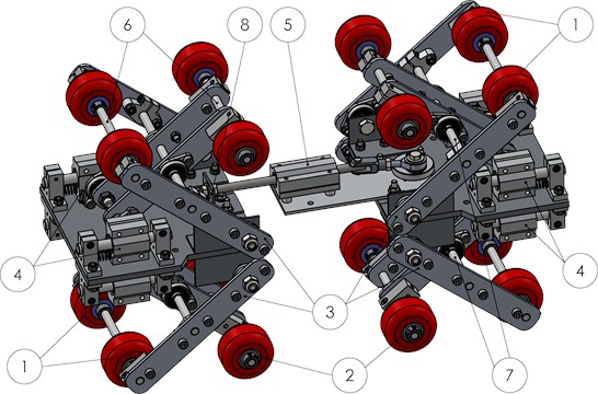 Schematic diagram of a pantograph-based adaptive wall-pressing in-pipe robot: 1 – rubber-coated wheels; 2 – overrunning clutches; 3 – pantograph-based adaptation mechanism; 4 – spring-damper cartridges; 5 – actuating slider-crank mechanism; 6 – wheel-pair axles; 7 – central pantograph axles