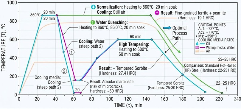 Heat treatment process contours for ESR steel 45 (ST45-ESR): comparative analysis of temperature-time cycles for normalization, water quenching, and the optimal process path (oil quenching followed by high tempering)