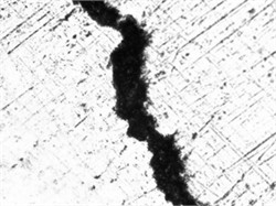 Quenching microcracks in Steel 45 produced by ESR after water quenching from 860 °C (×400). Photo by the authors in the laboratory of the Almalyk Branch of NUST MISIS 2026