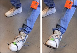 Snapshot of the experiment with the device worn by the user during dorsiflexion and plantarflexion. The photographs were taken by the corresponding author at the Department of Aerospace and Electronic Engineering, Almaty University of Power Engineering and Telecommunications, in 2025