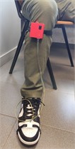 Device placement and sensor positioning: a) device attached to the user’s leg; b) IMU sensor mounted on the foot. The photographs were taken by the corresponding author at the Department of Aerospace and Electronic Engineering, Almaty University of Power Engineering and Telecommunications, in 2025