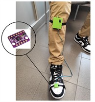 Device placement and sensor positioning: a) device attached to the user’s leg; b) IMU sensor mounted on the foot. The photographs were taken by the corresponding author at the Department of Aerospace and Electronic Engineering, Almaty University of Power Engineering and Telecommunications, in 2025