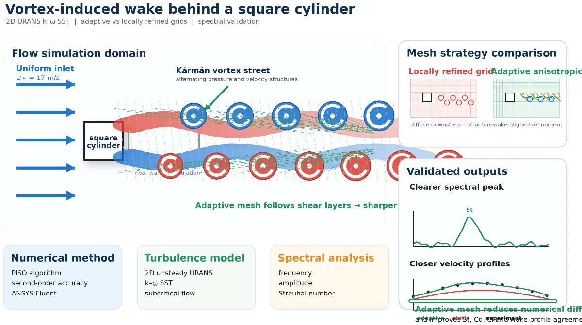 Numerical analysis of vortex-induced flow structures and their spectral characteristics behind a square cylinder using adaptive and locally refined grids
