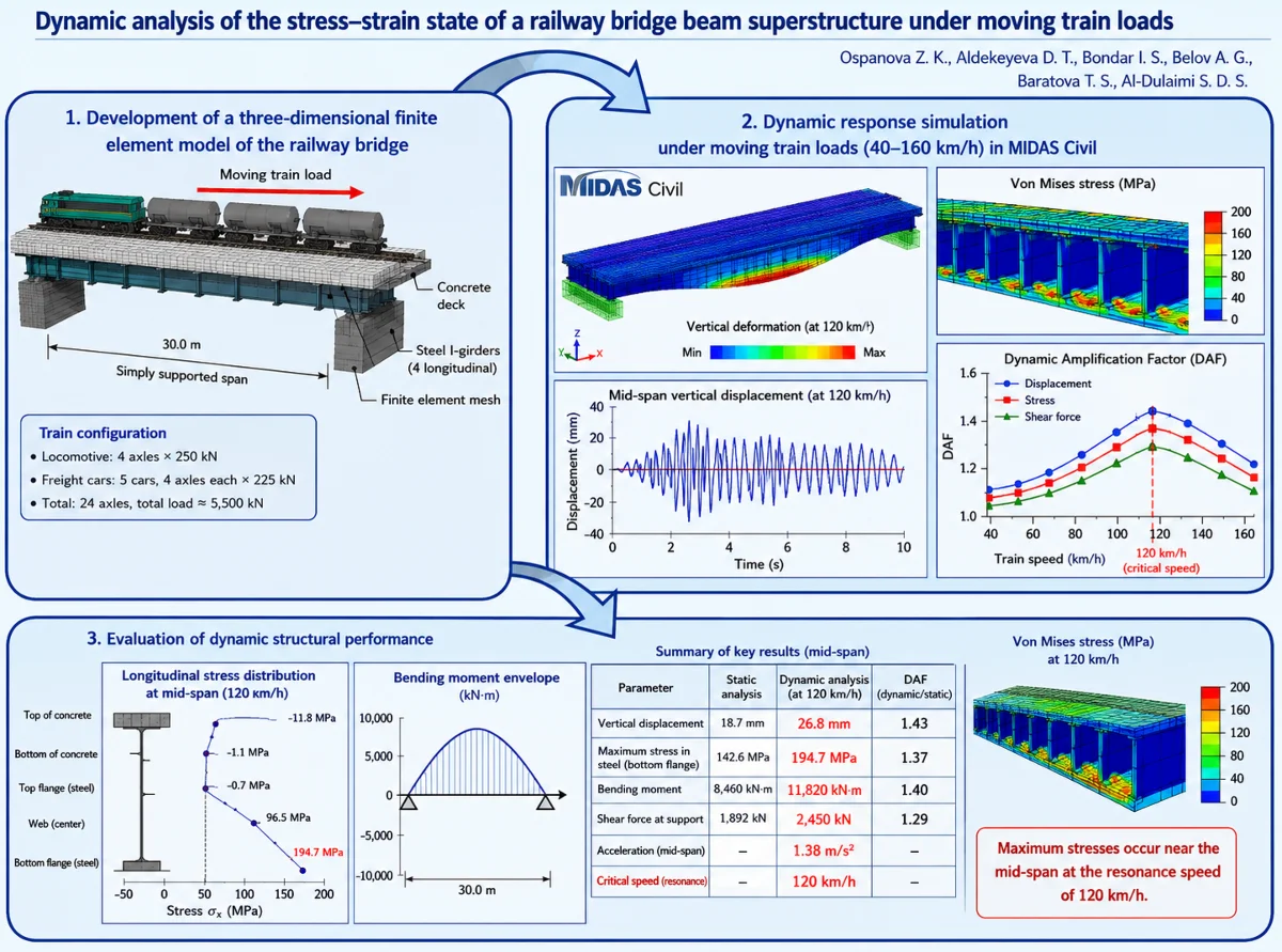 Dynamic analysis of the stress-strain state of a beam superstructure of a railway bridge under moving train loads