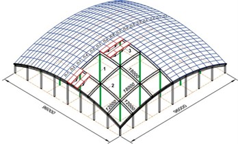 Erection stages of large-span shell coverings using enlarged mounting elements: 1 – temporary posts; 2 – cross stiffening beams; 3 – enlarged mounting elements; 4 – assembly stand