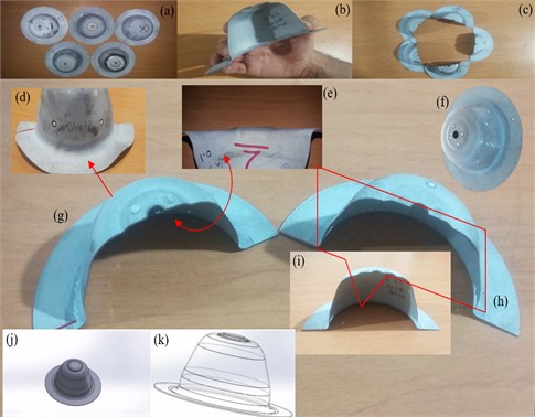 Optical images of the workpiece before and after wire cutting: a) powder coating, b) wire-cut sample, c) preparation of wire-cut test samples, d) back side area, e) inside area, f) reference points for CMM, g) 3D wire-cut sample, h) cutting edge, i) inside curvature, j) surface process, k) point cloud